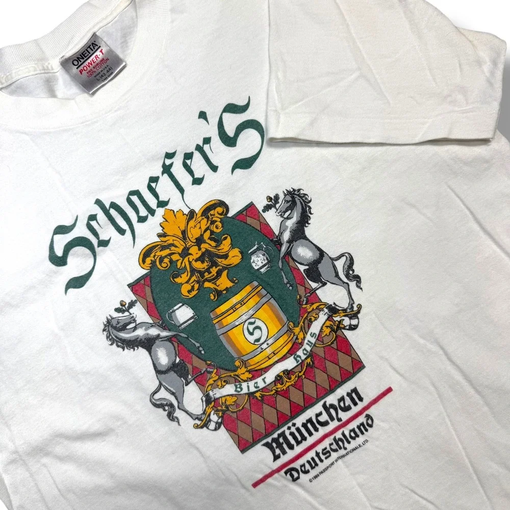Vintage 1989 Oneita Power-T Schaefer's Munich tee L Germany crest‎ graphic